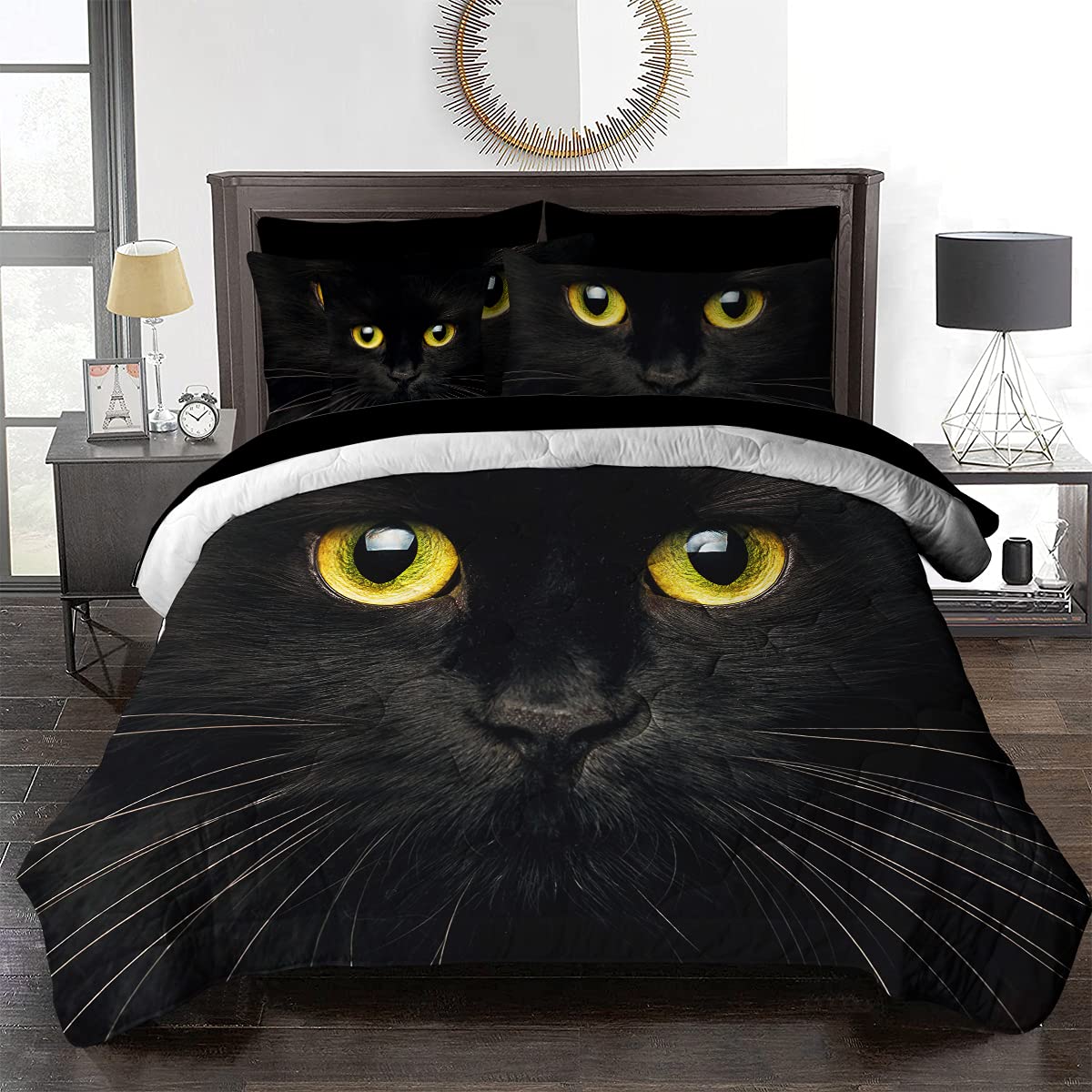 **BlessLiving 8-Piece Black Cat Comforter King Size Bedding Set - Cute Animal Print, Includes 1 Comforter, 2 Pillow Shams, 1 Flat Sheet, 1 Fitted Sheet, 1 Cushion Cover, 2 Pillowcases - Perfect for Kids, Boys & Girls Bedrooms, Themed Rooms, and Cozy Sleepovers**