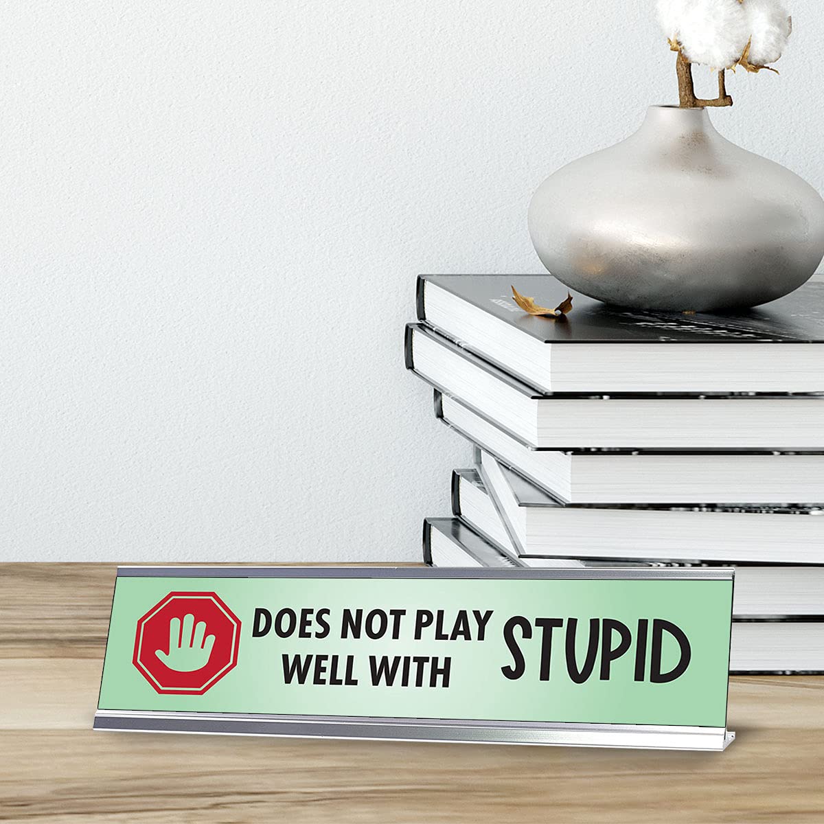 Funny Office Decor - 'Does Not Play Well with Stupid' Nameplate Desk Sign (2x8 Inches) - Perfect for Workstations, Home Offices & Gag Gifts