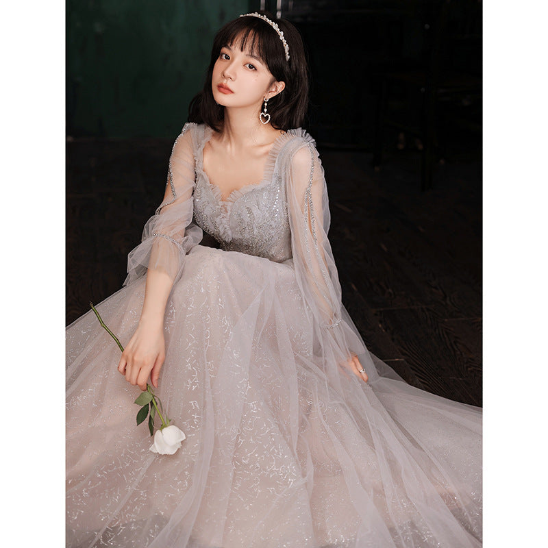 Elegant Gray Tulle Fairy Dress for Girls - Sweet Formal Party Gown with Long Sleeves - Perfect for Evening Dresses, Prom, Pageants & Special Occasions
