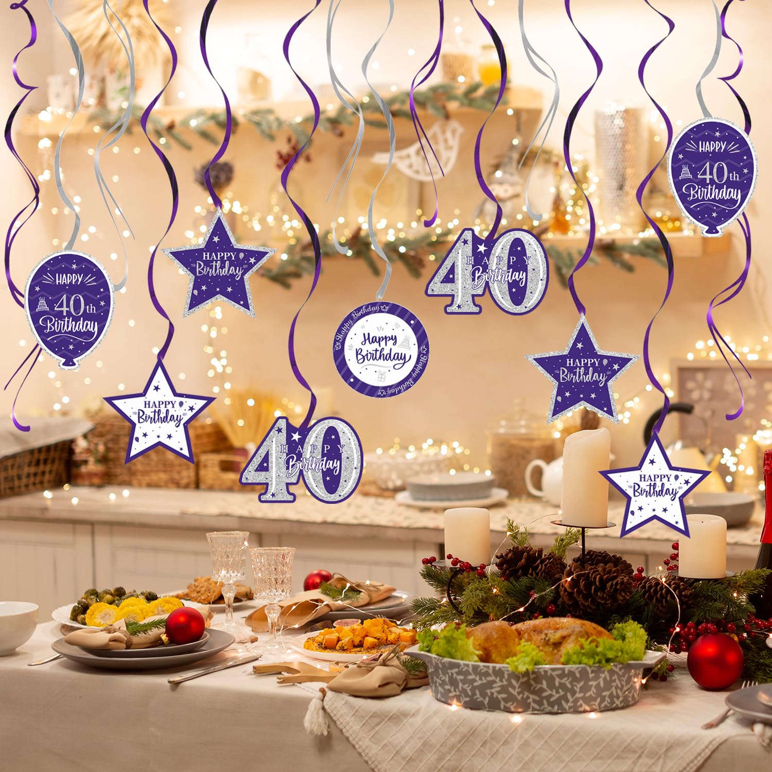 40th Birthday Party Decorations - 15 Pcs Purple & Silver Glitter Swirl Streamers Kit for Hanging Decor, Perfect for 40th Birthday Sign, Backdrop, Wall & Ceiling Decorations | Great for Anniversary Celebrations, Milestone Parties & Festive Events