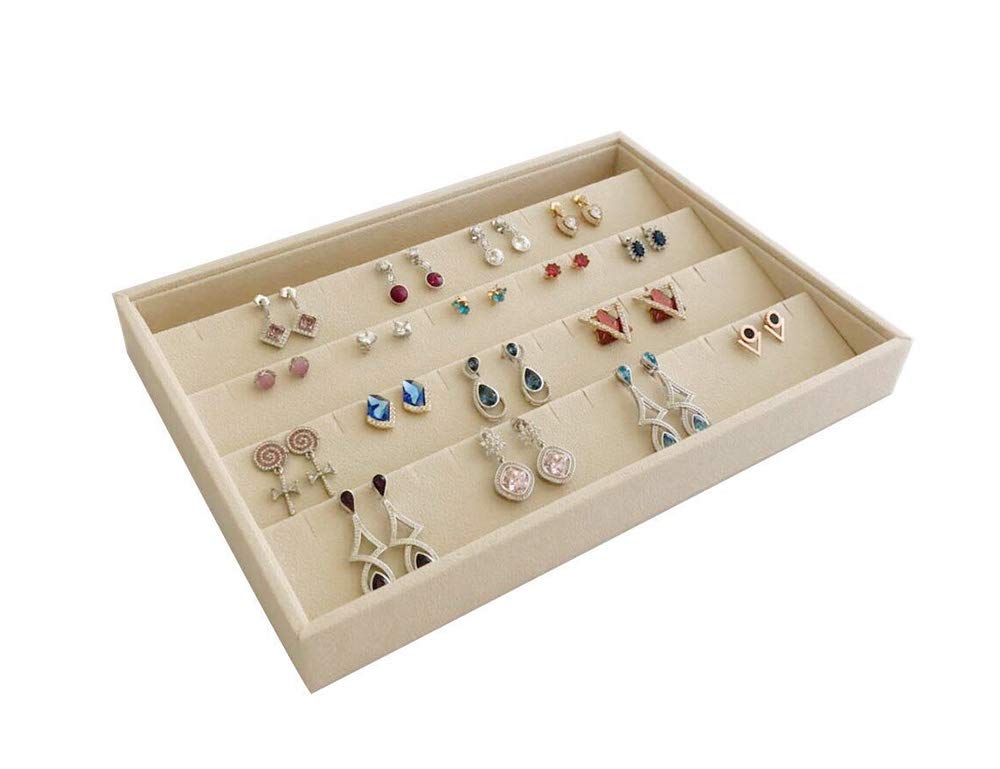 Premium Beige Velvet Jewelry Organizer Tray - Stackable Earring Drawer Insert & Closet Storage Solution for Necklaces, Rings & Bracelets | Perfect for Bedroom Vanity, Travel & Gift Giving