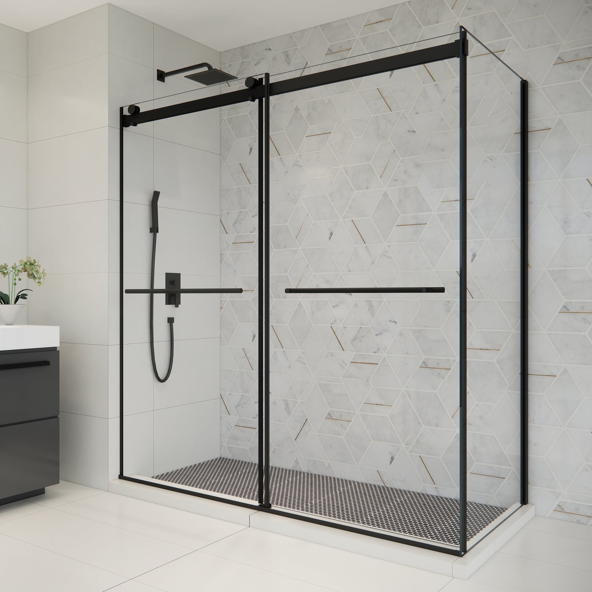 Belizzi Frameless Matte Black Roller Shower Door - Clear Glass Exposed Bypass Enclosure for Modern Bathrooms | Waterproof & Easy to Clean