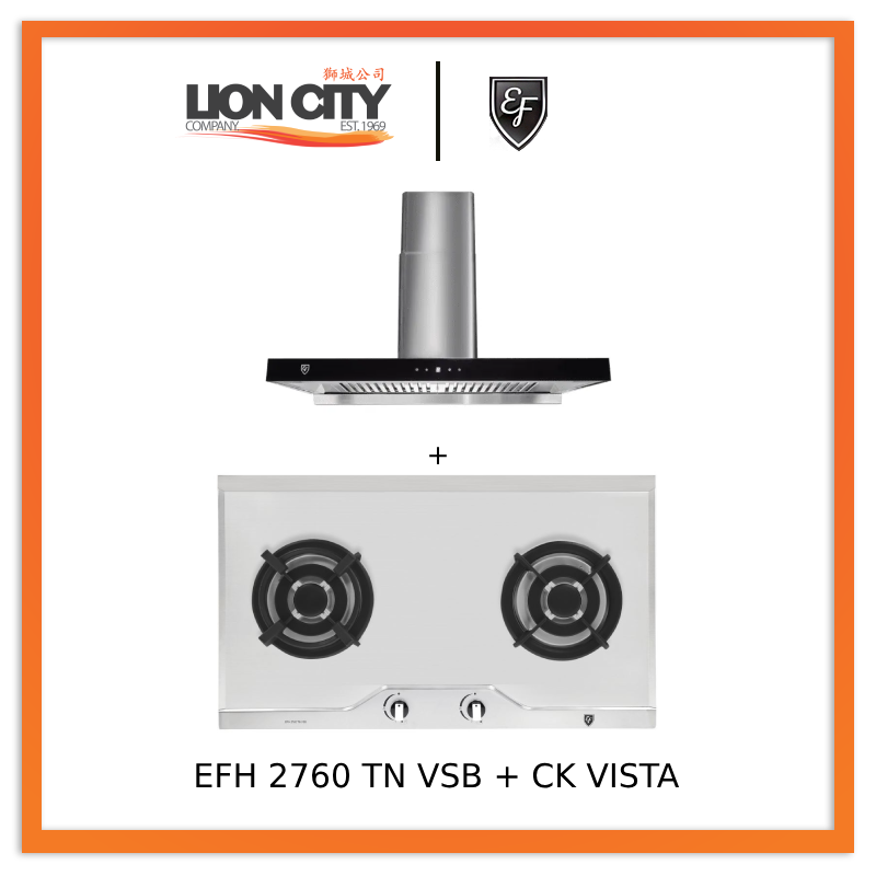 EF EFH 2760 TN VSB 78cm Built-in Stainless Steel Gas Hob with 90CM CK VISTA Cooker Hood - Premium Kitchen Appliances for Modern Home Cooking & Ventilation