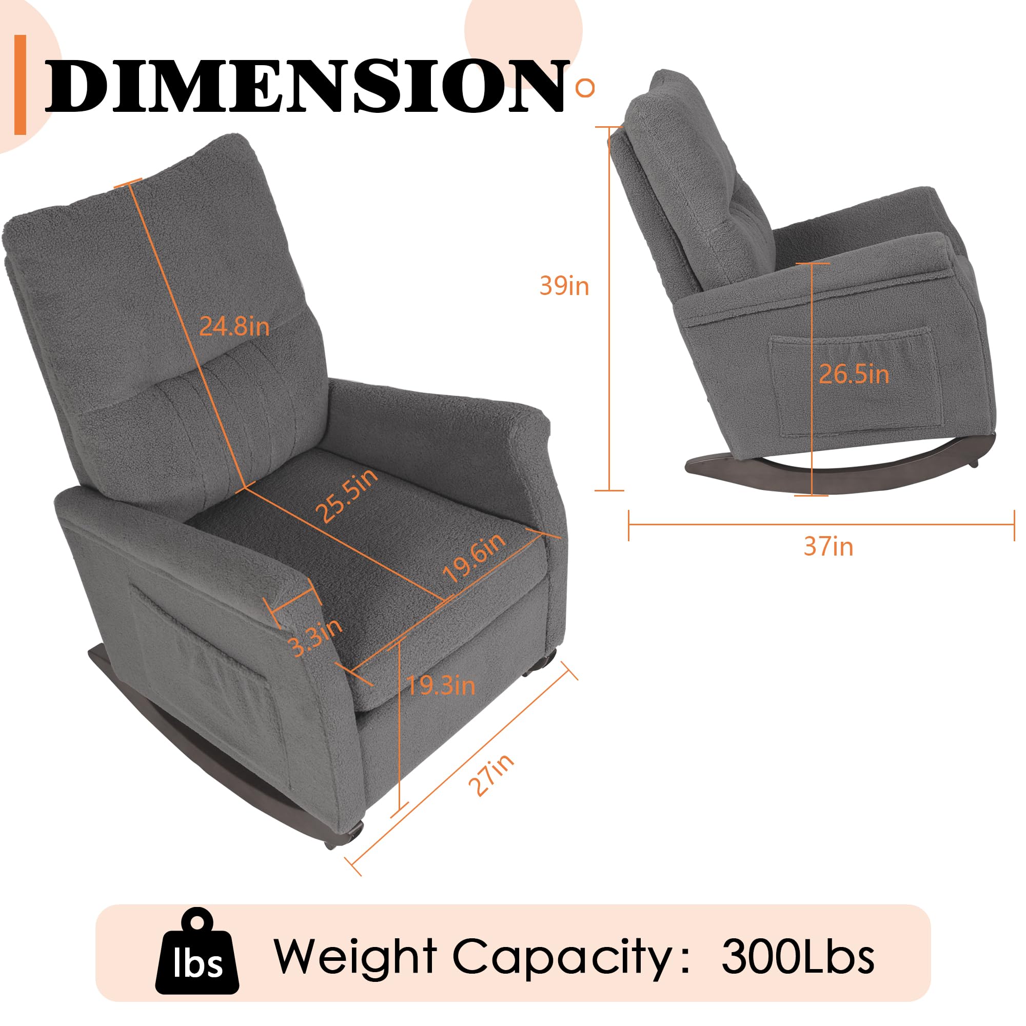 **Nursing Rocking Chair for Mom - High Back Teddy Rocker Glider, Comfortable Nursery Chair for Breastfeeding & Reading - Perfect for Living Room, Bedroom, Nursery (Grey)**