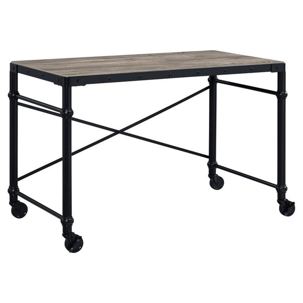 Acme Oklarth Rustic Oak & Black Wooden Rolling Writing Desk - Perfect for Home Office, Study Room & Small Spaces