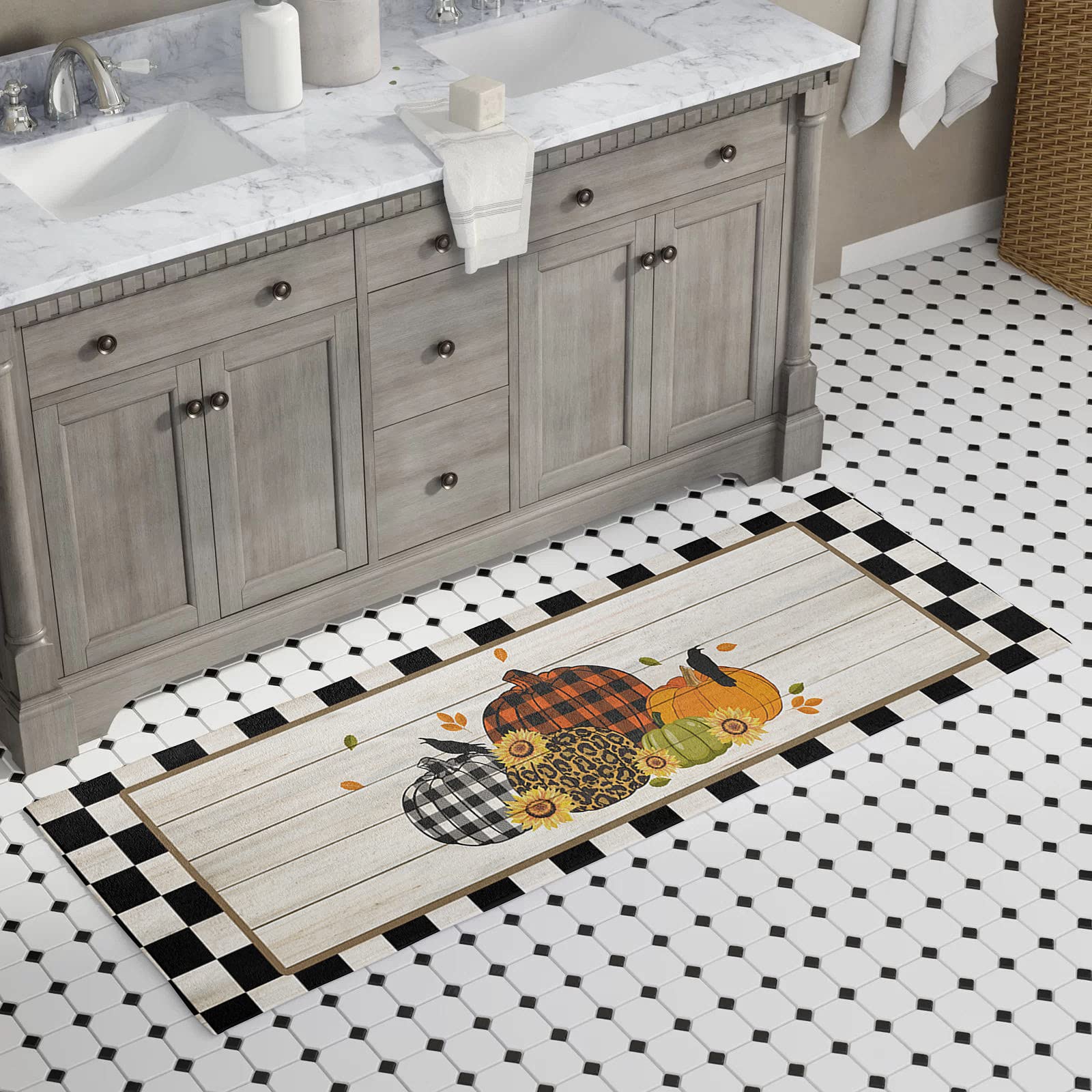 Chucoco 2-Piece Absorbent Kitchen Rug Set - Soft Plush Fall Decor with Pumpkin & Sunflower Design - Non-Slip Floor Mat for Kitchen, Bedroom, Laundry Room - Perfect for Thanksgiving & Autumn Home Decor