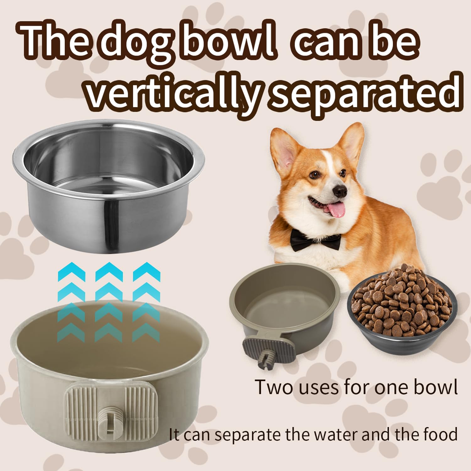 2PCS Lightweight Stainless Steel Pet Bowl - Removable Hanging Food & Water Feeder for Dogs, Cats, Rabbits, Ferrets & Birds | Perfect for Kennels, Cages & Travel Use | Durable & Easy to Clean Pet Dish (Small Size)