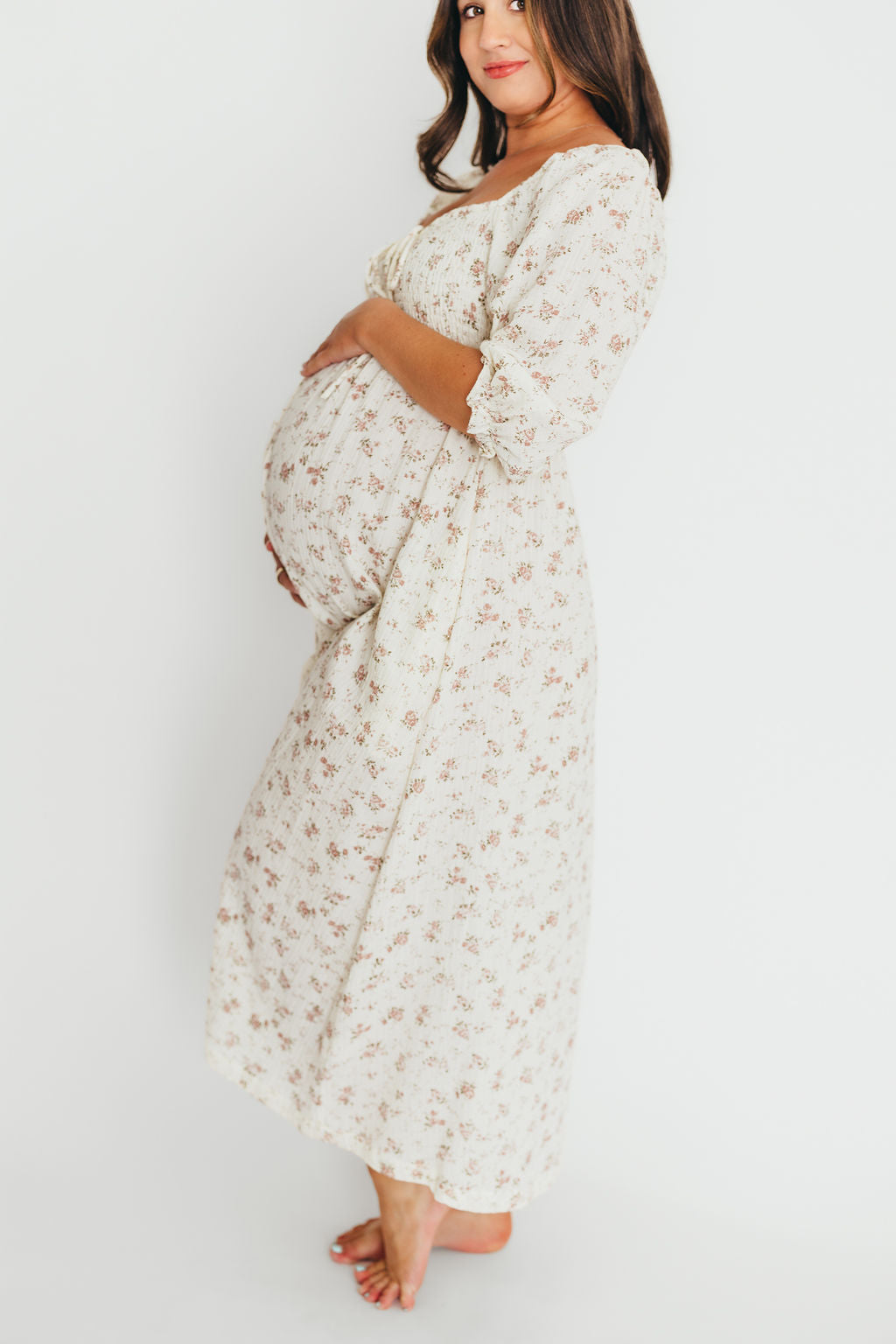 100% Cotton Smocked Maxi Dress for Women - Ivory/Mauve Floral Print | Bump Friendly Maternity Dress | Perfect for Summer, Beach Vacations & Special Occasions