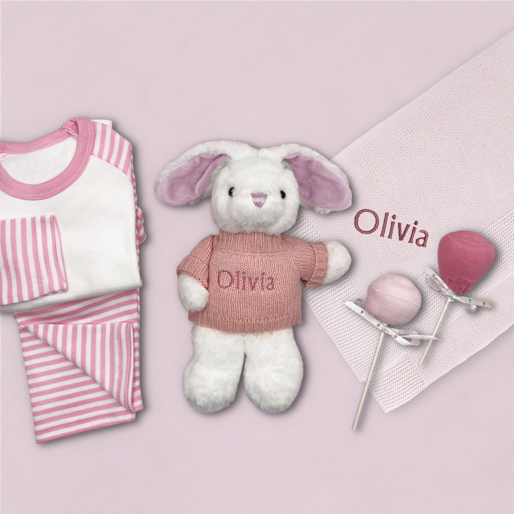 Little Bunny Sleepy Time Hamper - Pink Baby Gift Set with Personalized White Bathrobe for 0-12 Months | Perfect for Newborn Showers & First Birthday Presents