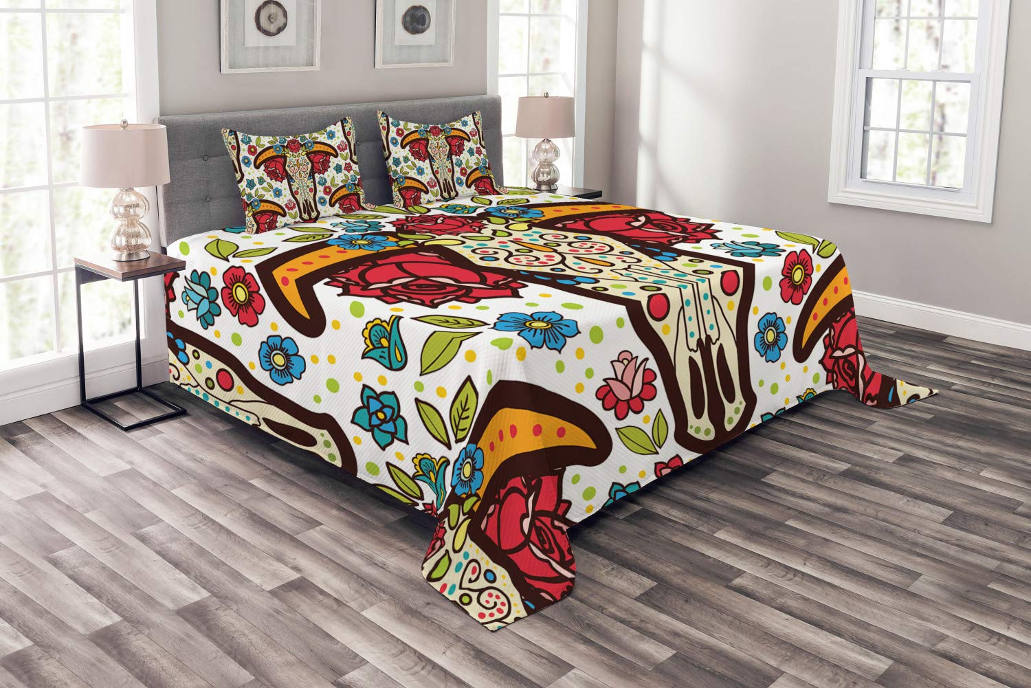 Ambesonne Ethnic King Size Bedspread Set - Mexican Folkloric Sugar Skull with Floral Design, Bohemian Quilted 3-Piece Coverlet with 2 Pillow Shams, Multicolor | Perfect for Bohemian Bedroom Decor, Dorm Room, or Cultural Home Styling