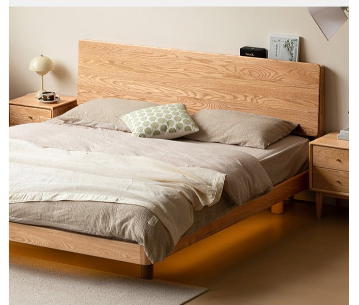 Solid Oak Wood Modern Floating Bed Frame - Queen Size, Sturdy Platform Bed with LED Lights for Bedroom, Living Room, Guest Room