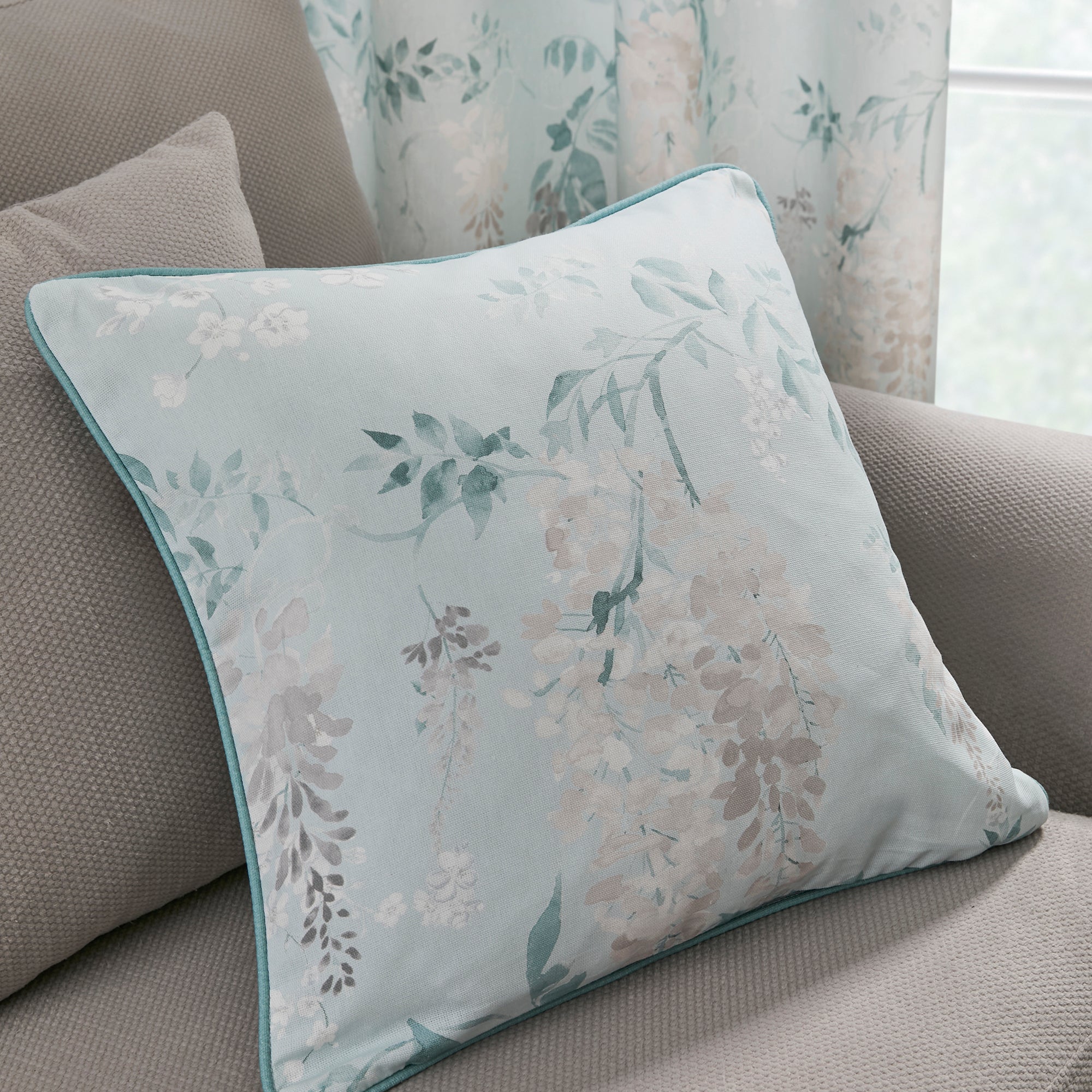 Dreams & Drapes Wisteria Floral Throw Pillow Cover - Duck Egg Blue Home Decor for Living Room Sofa & Bedroom