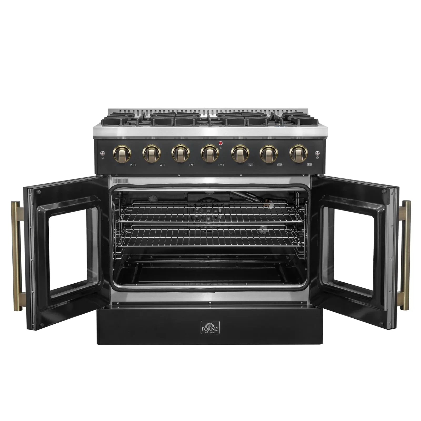 Forno Galiano 36 Inch French Door All Gas Range - Black with Antique Brass Trim - Model FFSGS6444 36BLK - Perfect for Modern Kitchens & Professional Chefs