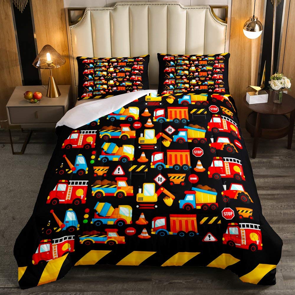 Kids Construction Theme Bedding Set - Queen Size Black Excavator & Truck Comforter with 2 Pillowcases | Heavy Equipment Cartoon Design for Boys' Room | Perfect for Construction-Themed Bedrooms & Playrooms