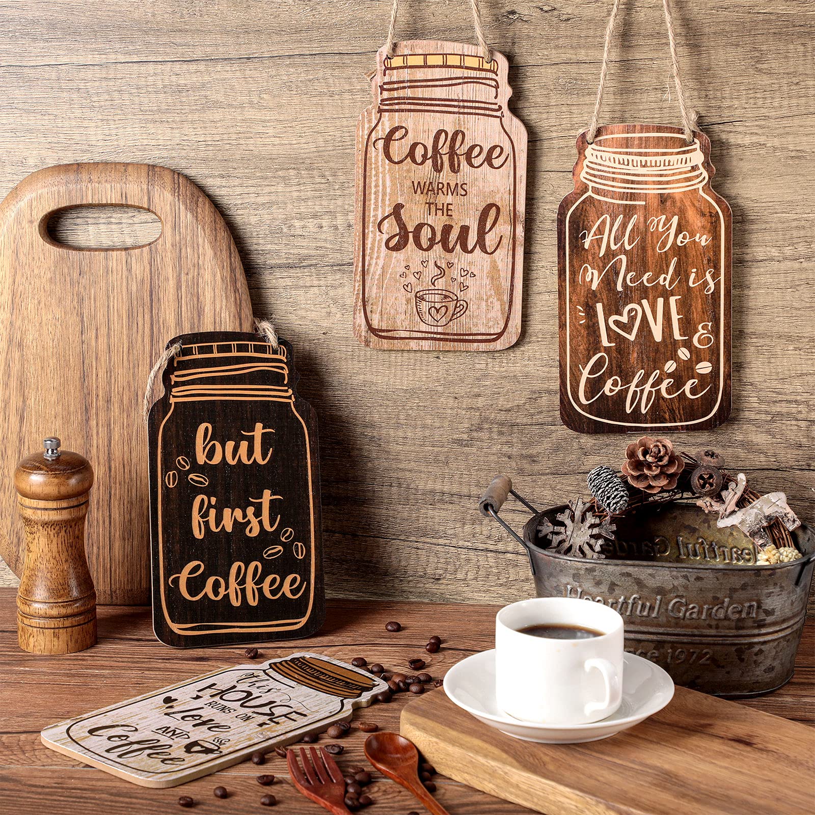 Jetec 4-Piece Farmhouse Wooden Coffee Bar Signs - Rustic Wall Hanging Plaques with 'But First Coffee' Quote - Perfect for Home, Office & Kitchen Decor | Ideal for Coffee Shops, Breakfast Nooks & Cozy Spaces