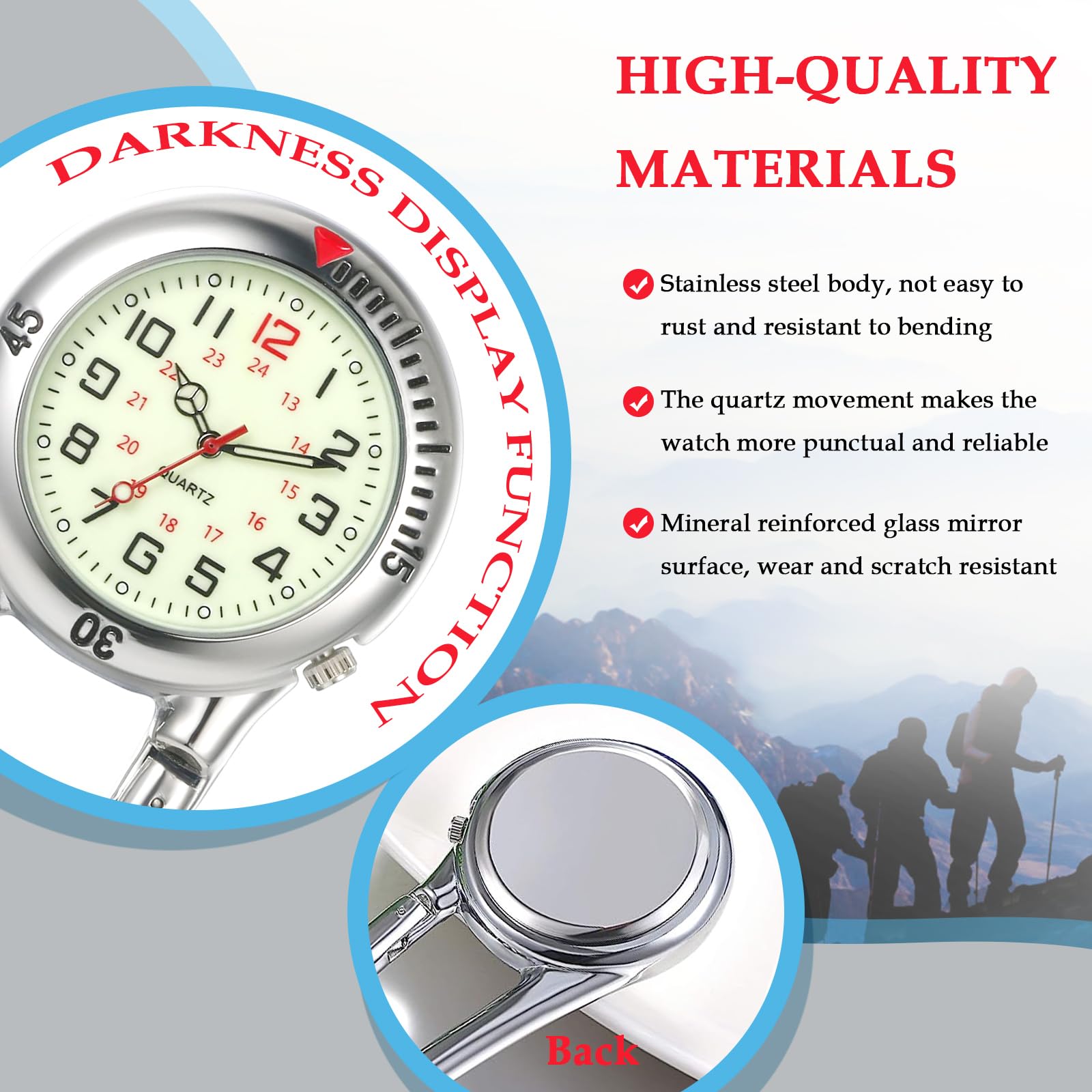 Luminous Clip-On FOB Watch for Nurses & Paramedics - Stainless Steel, Waterproof, for Medical & Outdoor Use