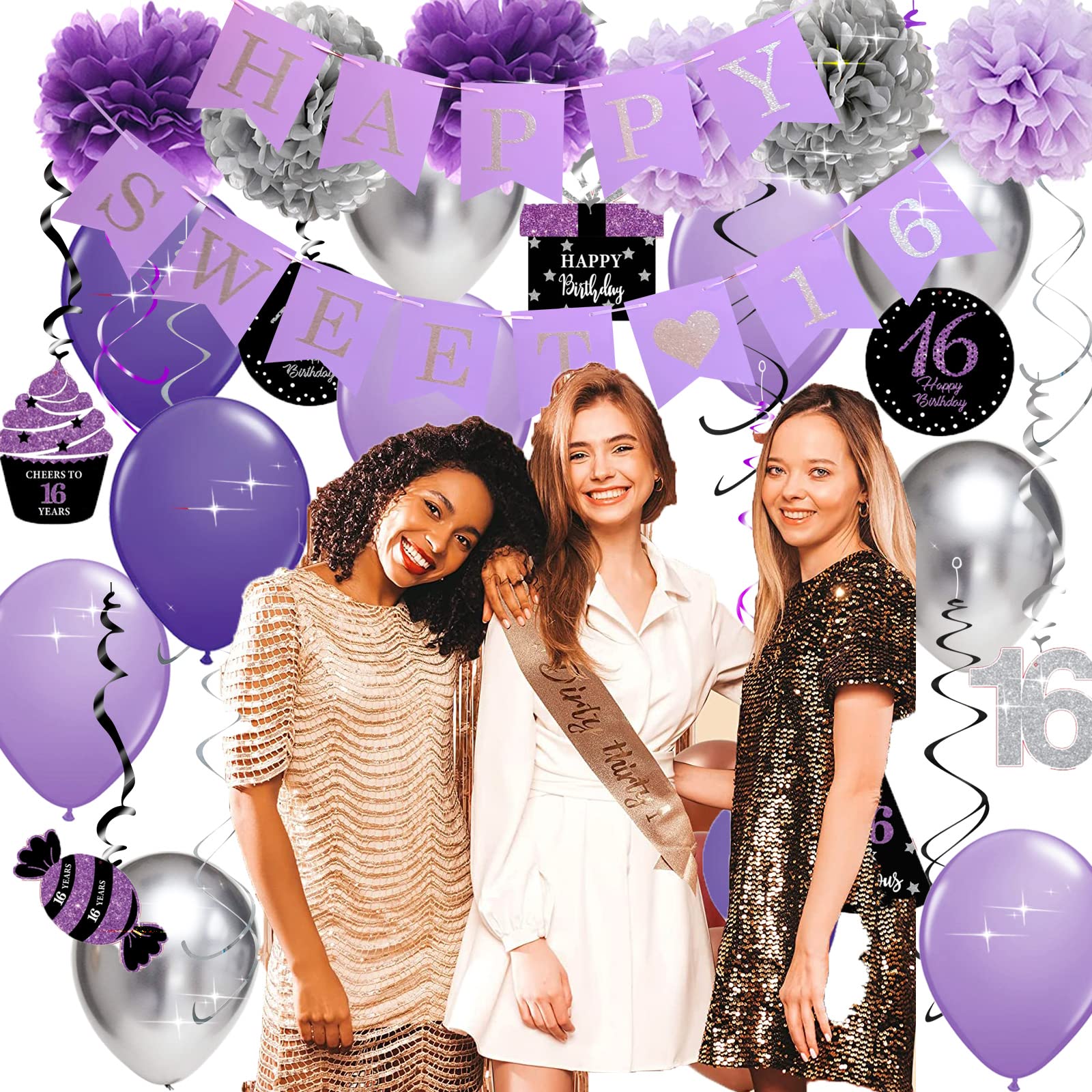 Sweet 16 Birthday Party Decorations - Purple & Silver Black Foil Hanging Swirls Banner for Girls | 16th Birthday Party Supplies | Perfect for Sweet Sixteen Decor, Wall Decorations & Photo Backdrops