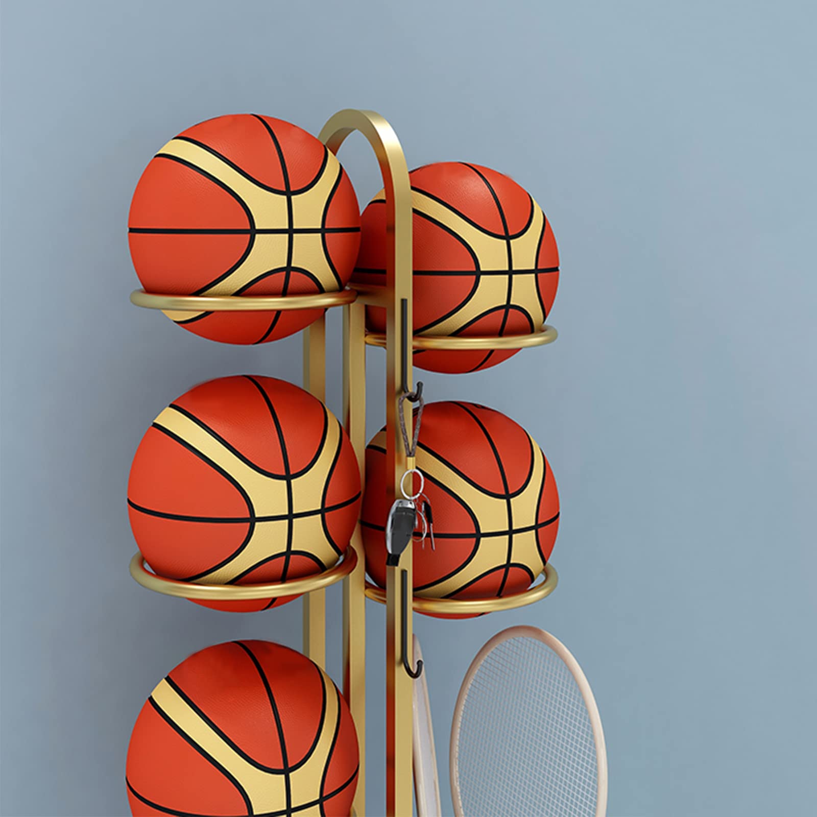 JHSLXD Multi-Sport Storage Rack - Metal Iron Basketball, Football, Volleyball & Racket Organizer | Gold Sporting Goods Display Stand for Gym, Home & School Use