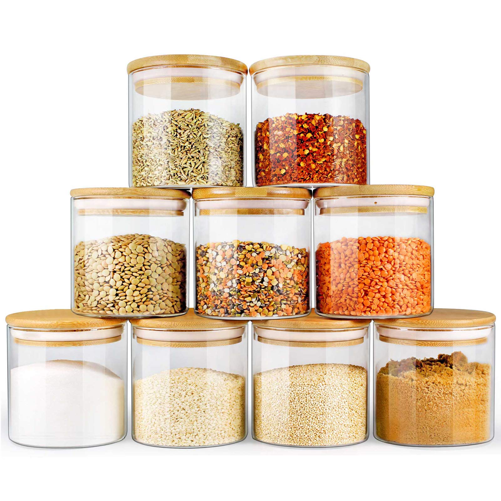 16oz Glass Jars with Bamboo Lids (9-Pack) - Airtight Food Storage Containers for Pantry Organization, Spice Jars, Dry Goods & Kitchen Decor - Perfect for Coffee, Tea, Flour & Sugar Storage