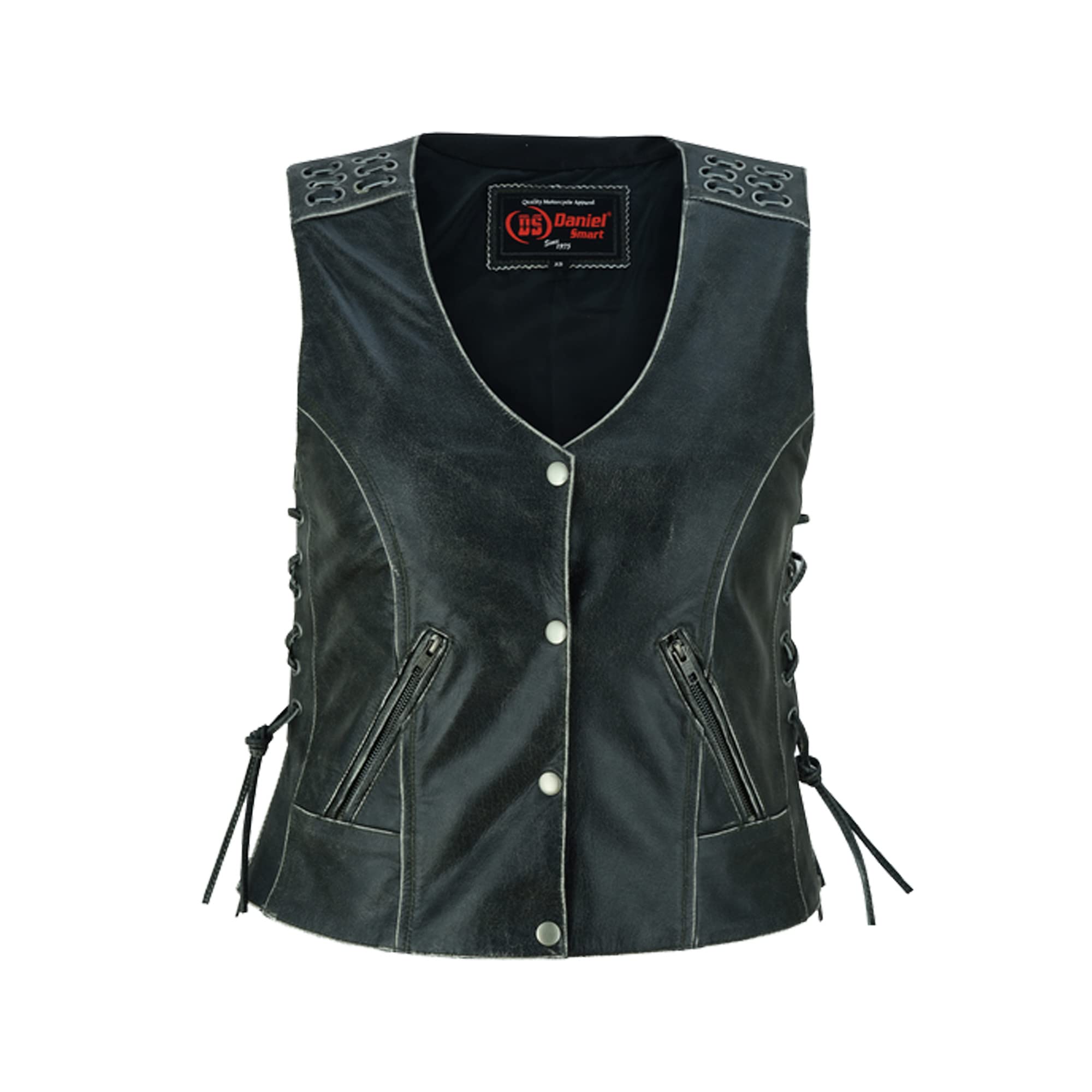 Daniel Smart Women's Leather Vest – Grey Grommet Detailed Faux Leather Vest with Side Laces & Hidden Armory Pocket | Stylish Biker Jacket for Motorcycle Riding, Outdoor Adventures & Fashion Outfits