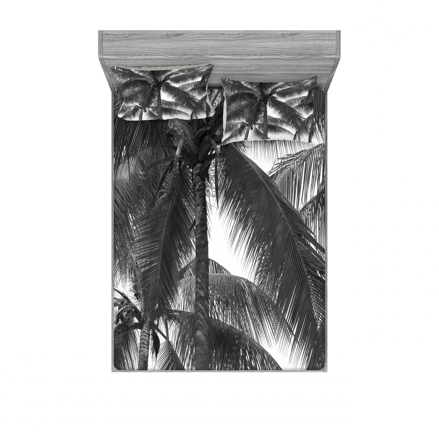 Ambesonne 2-Piece King Size Fitted Sheet Set with 4 Pillow Shams - Tropical Coconut Palm Print Bedding in Black - Perfect for Beach House, Vacation Home or Tropical Themed Bedroom Decor