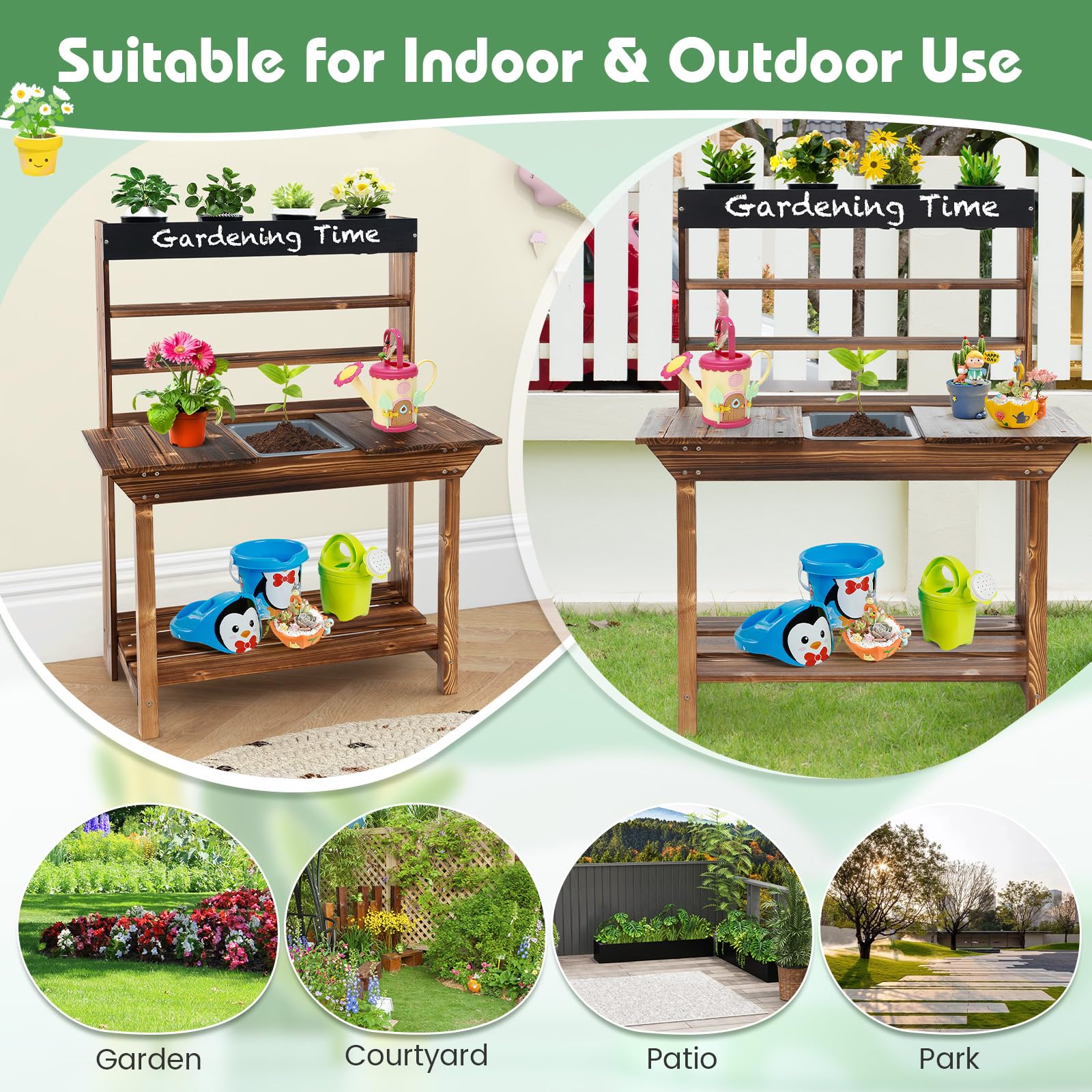 HONEY JOY Kids Mud Kitchen - Natural Fir Wood Outdoor Play Table with Removable Sink, 4 Planting Pots & Chalkboard - Toddler Pretend Play Garden Set for Backyard, Patio & Preschool Activities