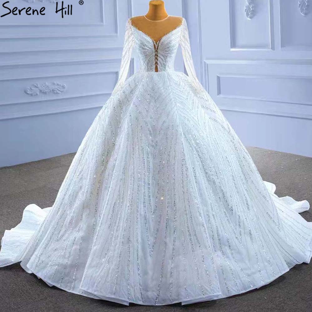 Serene Hill White Beaded Luxury Wedding Dress 2025 - Long Sleeve Lace-Up Bridal Gown HM67382 | Custom Made for Church, Beach & Garden Weddings