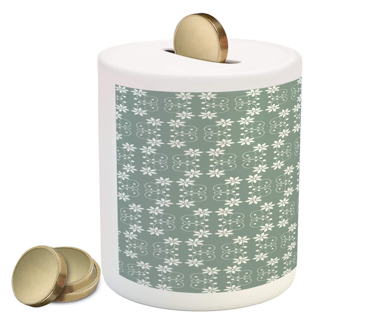 Ambesonne Baroque Style Ceramic Piggy Bank - Delicate Daisy Flower Petals & Dots Design, Pale Sage Green & White Money Box for Cash Savings | Perfect Gift for Kids, Collectors & Home Decor