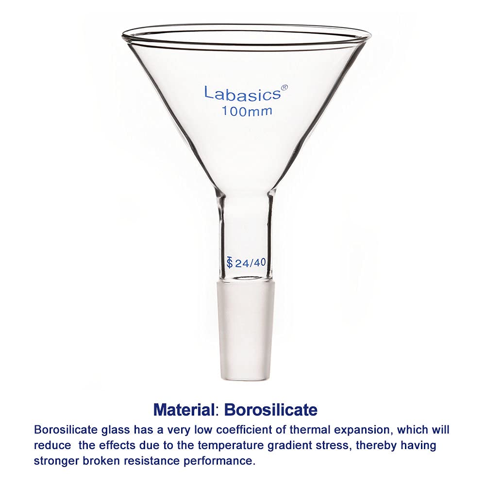 Labasics Short Stem Glass Powder Funnel - 100mm Top Diameter with 24/40 Inner Joint - Premium Filter Funnel for Chemistry Labs & Essential Oil Distilling