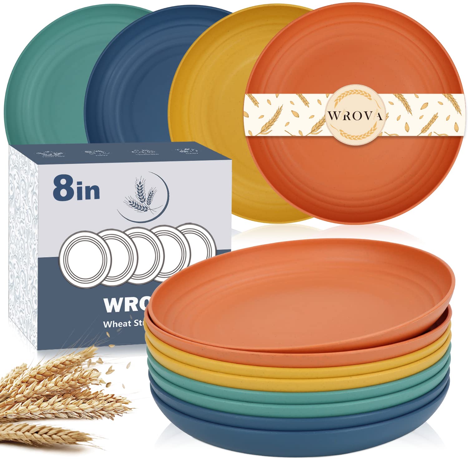 Eco-Friendly Wheat Straw Dinner Plates Set of 8 - 8 Inch Unbreakable & Lightweight Plates - Microwave & Dishwasher Safe Reusable Plates for Kitchen, Camping, RV, Picnics, and Outdoor Dining (Colorful Series)