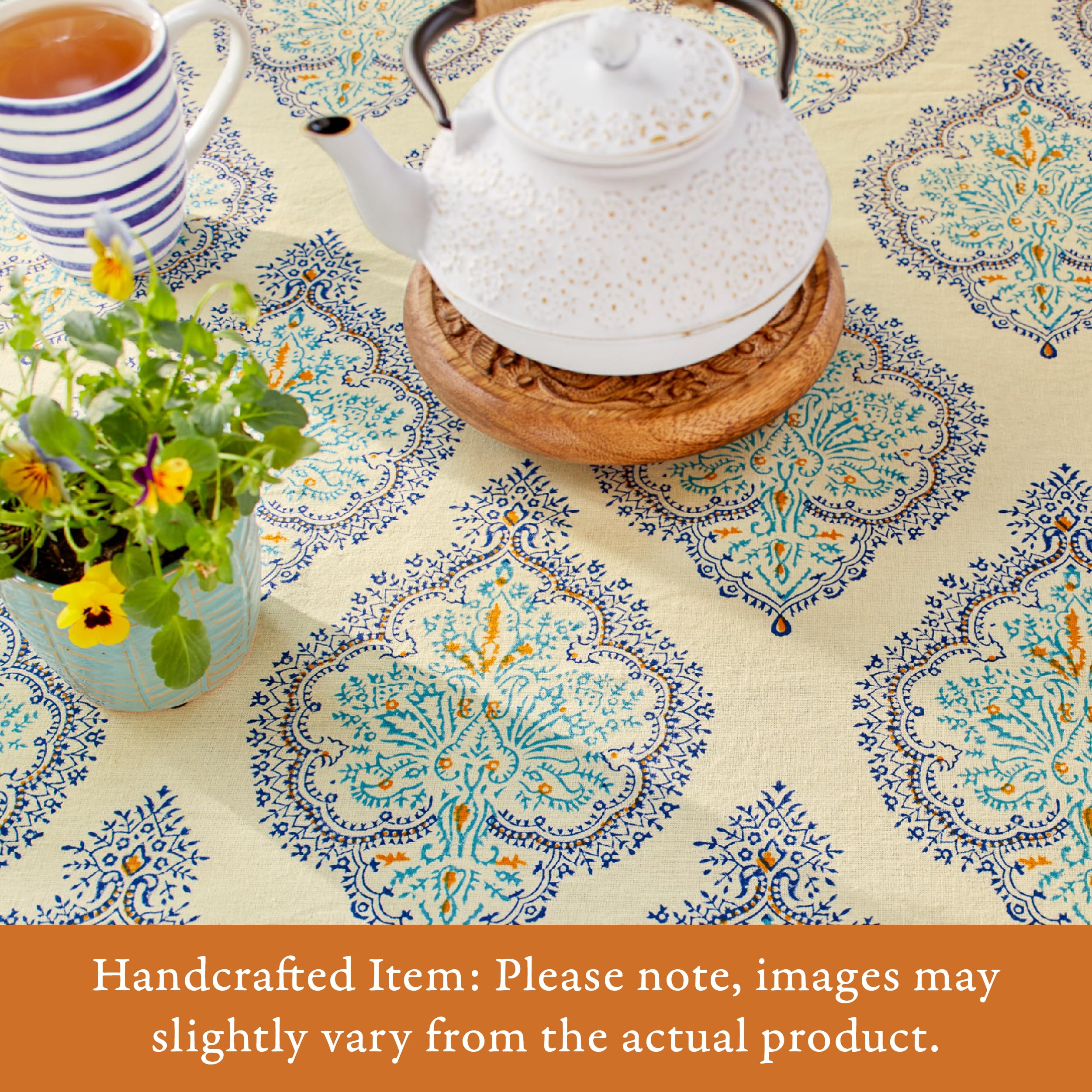Hand Block Printed Round Tablecloth - 100% Cotton Luxurious Washable Pale Yellow Morning Dew Design for Home Decor, Kitchen, Coffee & Dining Table (90 Inch) - Perfect for Dinner Parties, Brunch Gatherings & Everyday Elegance
