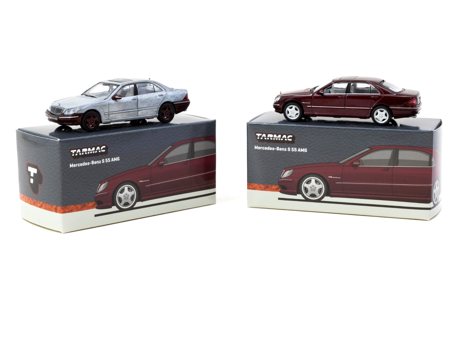 Tarmac Works 1/64 Scale Mercedes Benz S 55 AMG Diecast Model Car - Bordeaux Red Metallic Finish | Collectible Miniature Vehicle for Display & Racing Scenes
