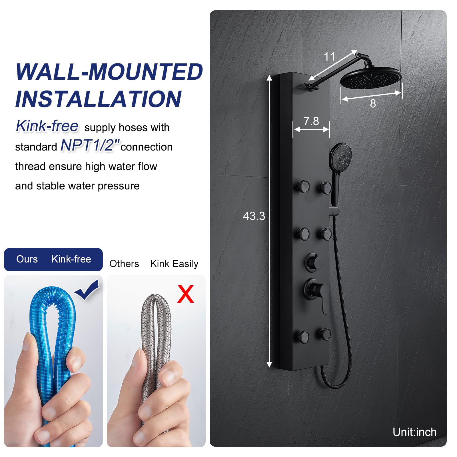 ROVATE Matte Black Shower Panel Tower System with Adjustable Rainfall Shower Head - 6 Body Massage Jets & 5-Function Handheld Shower - Stainless Steel Wall Mounted Shower Column for Spa-Like Bathroom Experience
