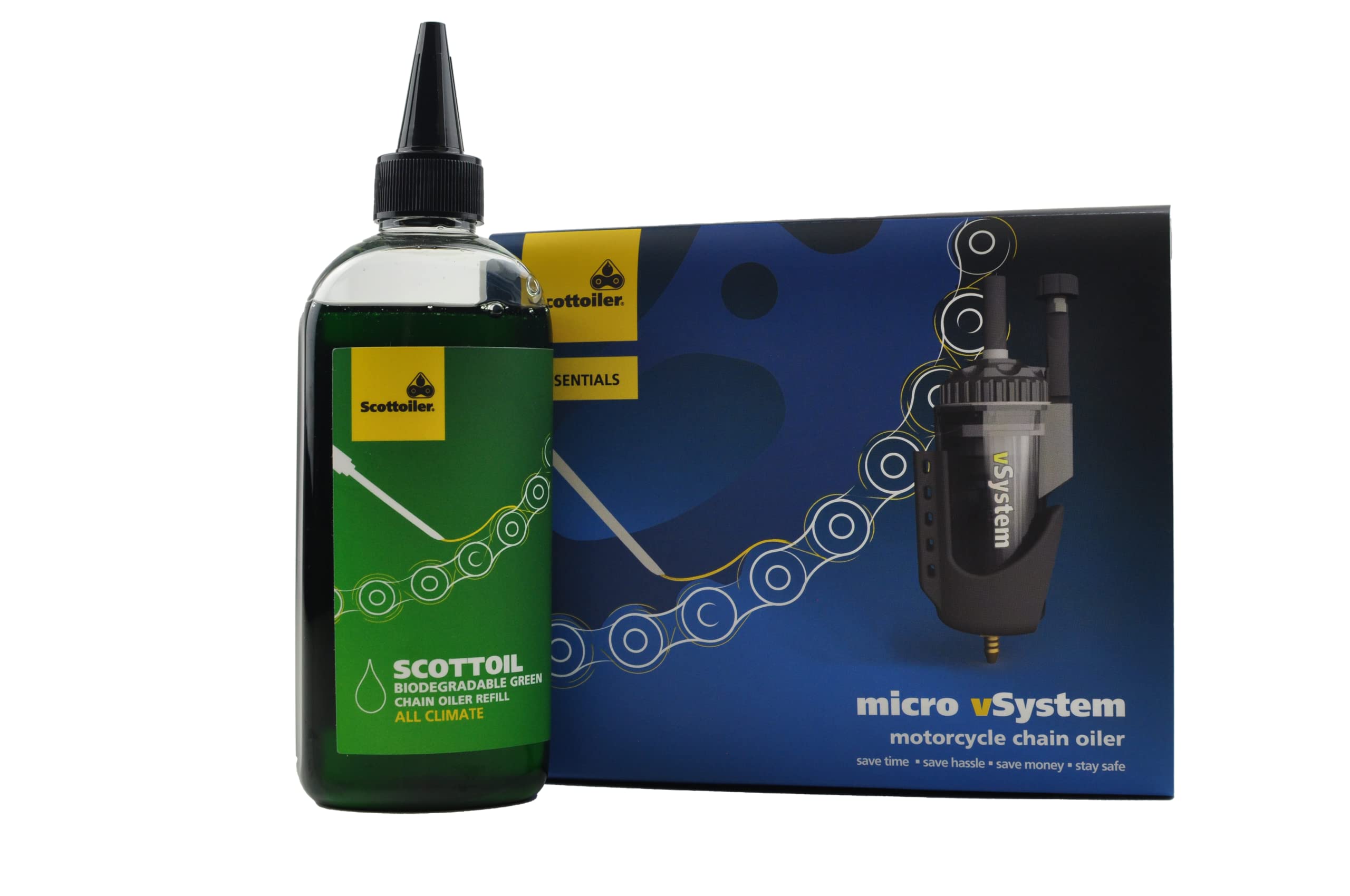 Scottoiler Micro-vSystem Automatic Motorcycle Chain Oiler Kit with 8.4oz All-Climate Biodegradable Green Oil - Perfect for Long-Distance Riding & Off-Road Adventures
