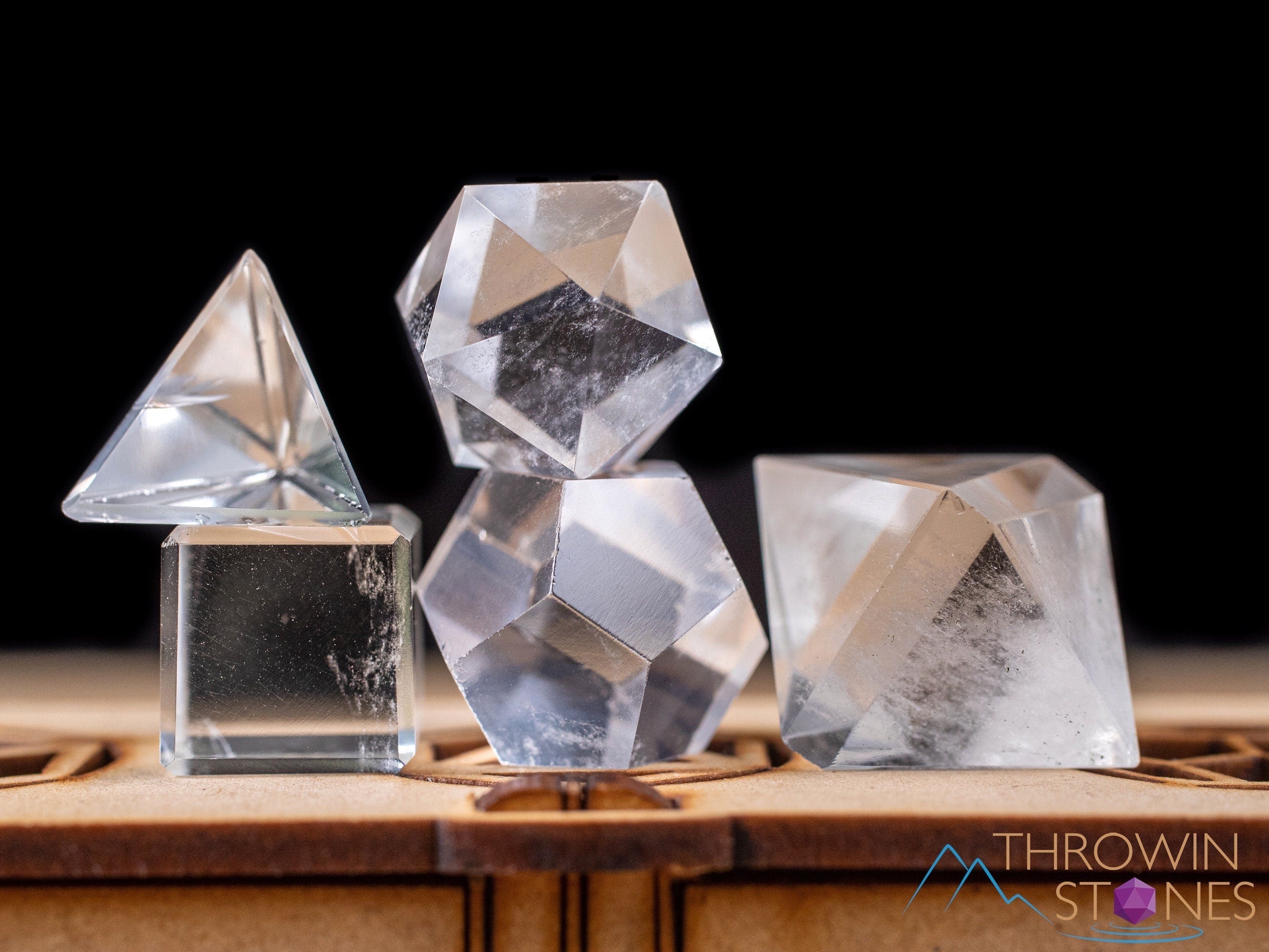 Platonic Solid Crystal Set with Amethyst, Rose & Clear Quartz - Healing Crystals Kit in Wooden Box for Beginners | Meditation, Reiki, Energy Work & Home Decor (E1914)