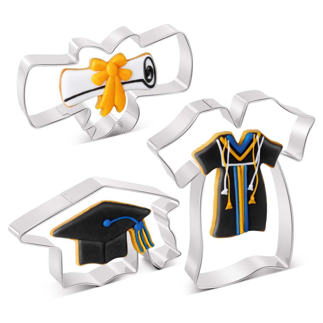 3-Piece Graduation Cookie Cutters Set - Stainless Steel Cap, Diploma & Gown Cutters for Baking | Perfect for Graduation Party Decorations, School Celebrations & DIY Cookie Gifts