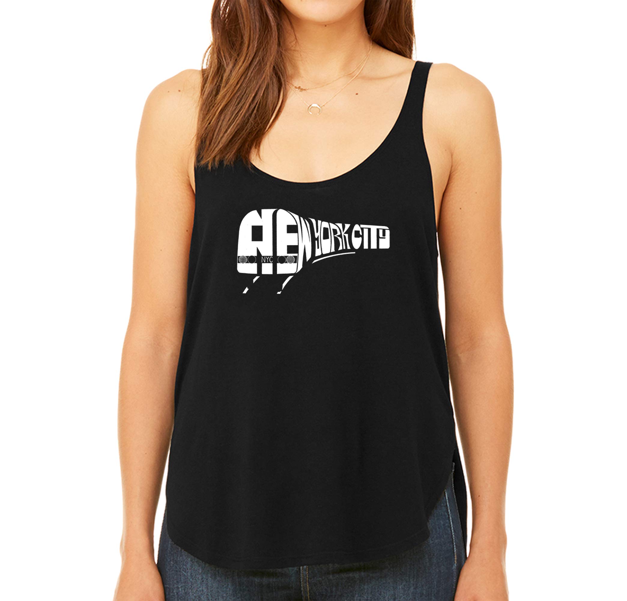 LA POP ART Women's Premium Word Art Flowy Tank Top - New York Subway Inspired Graphic Tee for Casual Wear & Summer Outfits