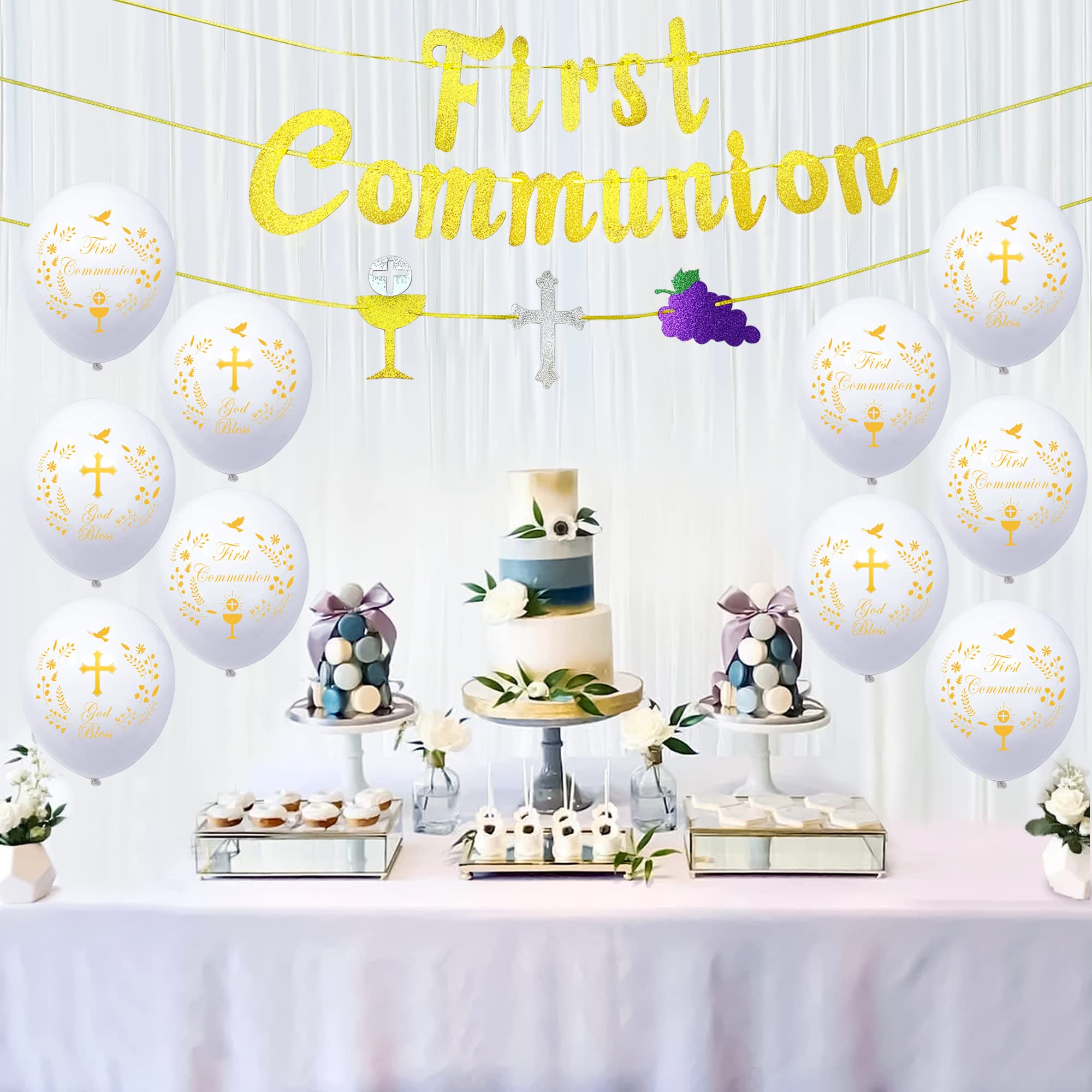 First Communion Decorations for Boys and Girls - Holy Communion Party Supplies, Cross Centerpieces, Banner & Tableware - Perfect for Church Celebrations, Home Parties & Religious Events