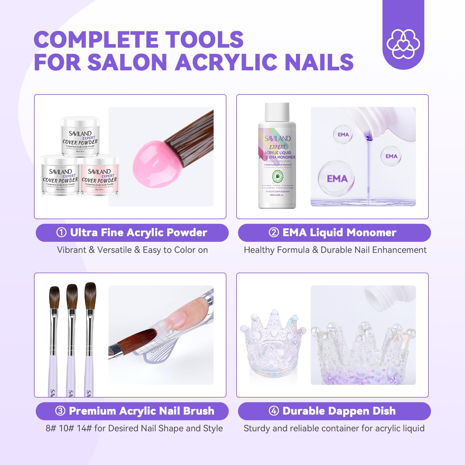 Saviland Acrylic Nail Kit for Beginners & Professionals - 4 Colors Non-Yellowing Acrylic Powder & Liquid Set with Nail Brush & Tips | DIY Salon-Quality Manicures at Home, Perfect for Nail Art & Extensions