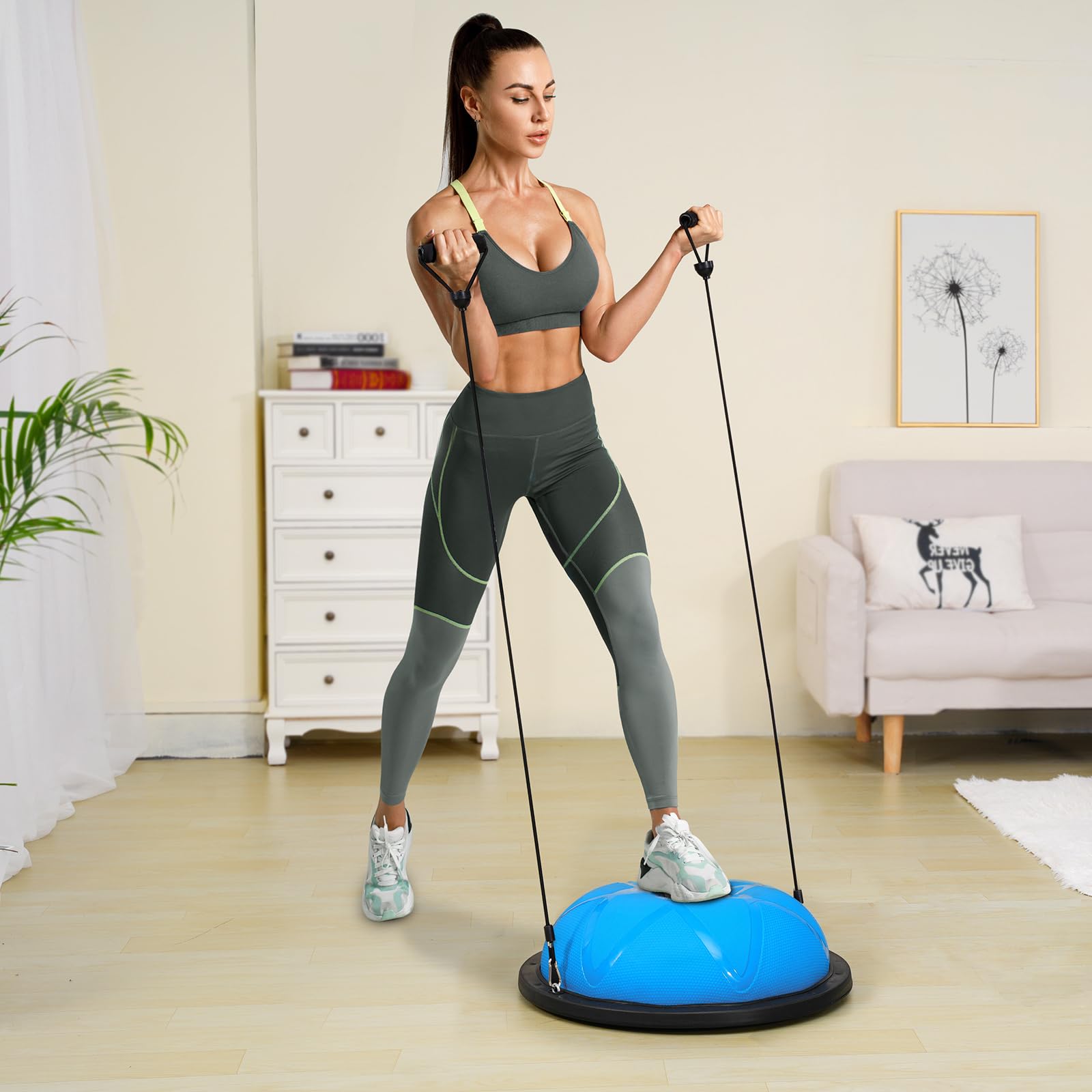 VEVOR 23/26 Inch Half Exercise Ball Trainer - 1500lbs Capacity Stability Ball with Resistance Bands & Foot Pump - Yoga Balance Ball for Home Gym, Core Workouts, Pilates, Physical Therapy & Full Body Fitness - Black