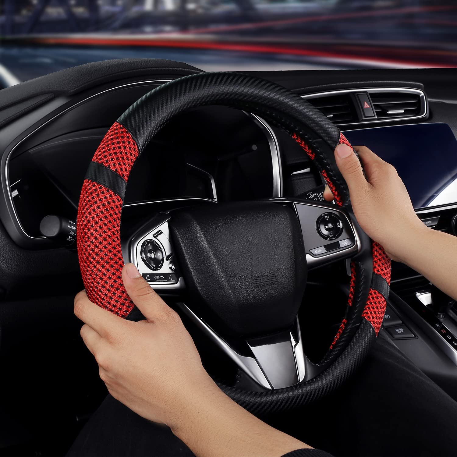 BOKIN Carbon Fiber Steering Wheel Cover - Universal 14.5-15 Inch Auto Accessory, Microfiber Leather with Breathable Ice Silk Design for Summer Cooling & Winter Warmth - Red Carbon Fiber Style - Perfect for Daily Driving, Road Trips & Car Interior Protection