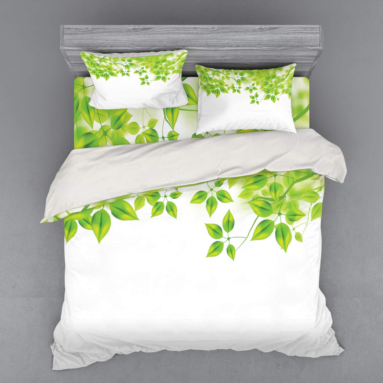 Ambesonne King Size 4-Piece Duvet Cover Set - Vibrant Green & White Leaf Pattern, Spring Floral Design with Shams & Fitted Sheet | Perfect for Modern Bedroom Decor, Guest Room Refresh, or Nature-Themed Home Styling