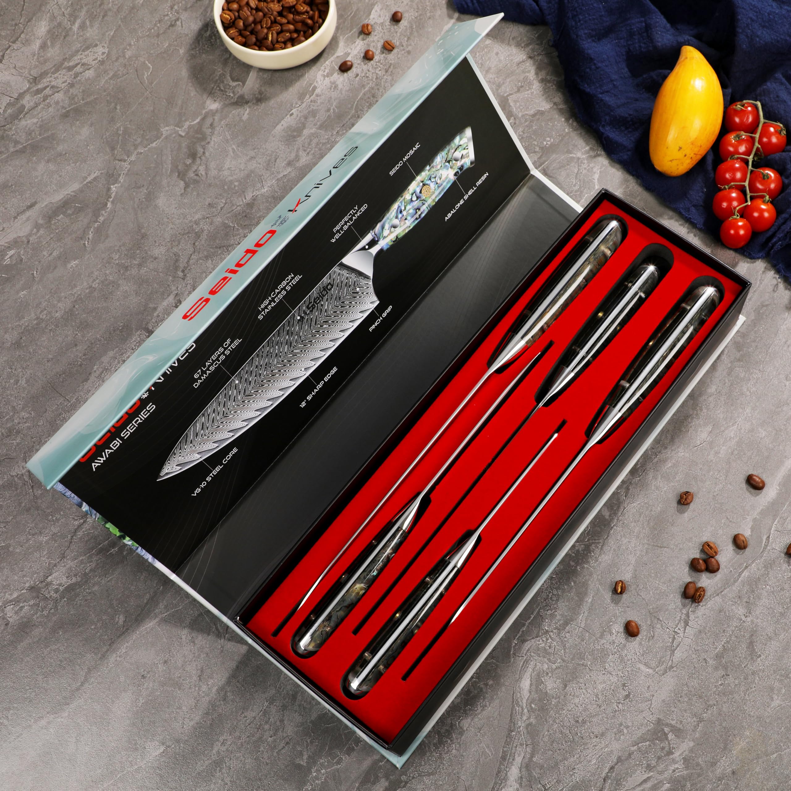 Premium Seido Awabi Damascus Chef Knife Set - Professional Japanese Stainless Steel Kitchen Knives with Abalone Shell Resin Handle, Ultra Sharp Full Tang Design for Slicing, Dicing & Chopping - Perfect for Home Chefs & Professional Kitchens