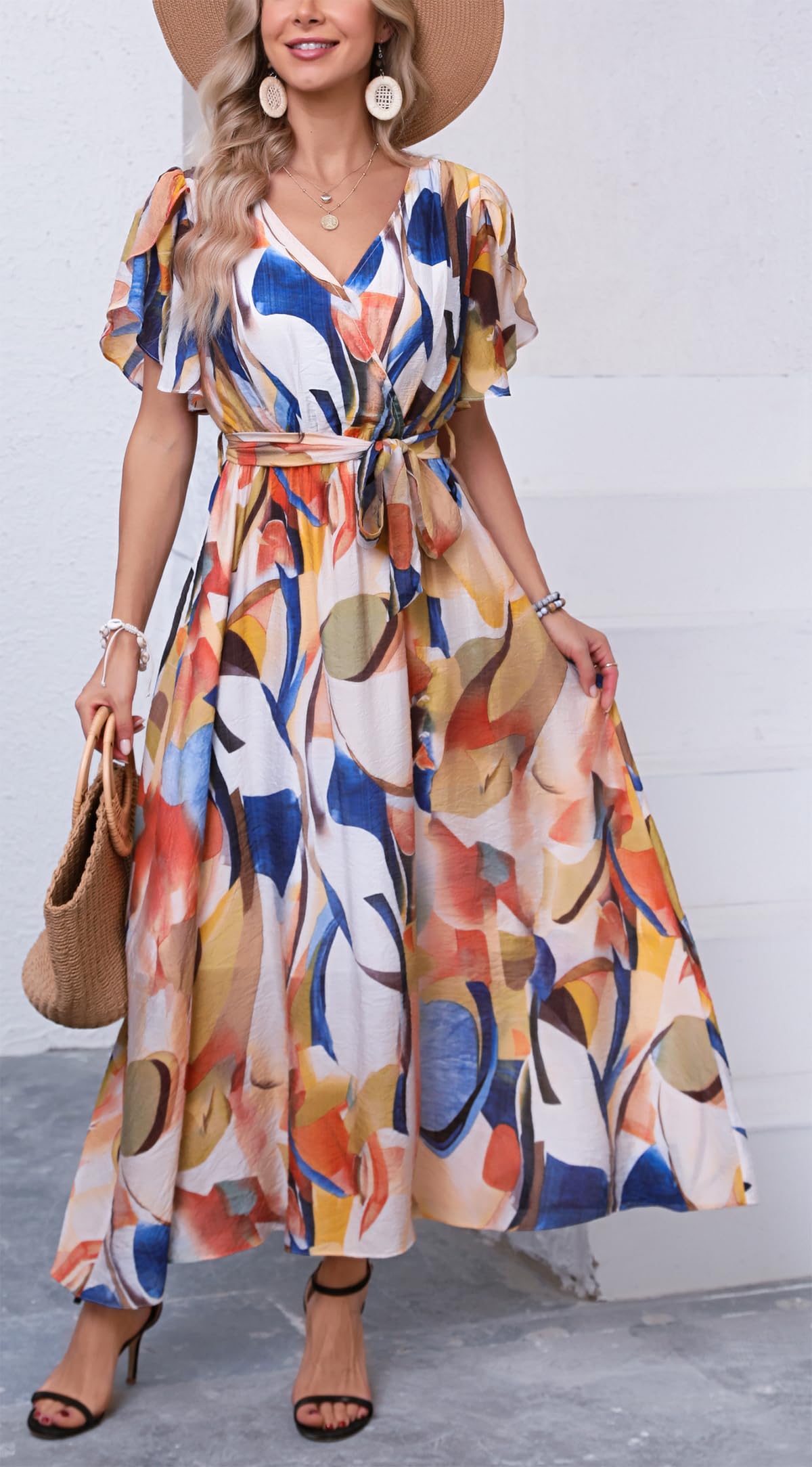 Kormei Women's Floral Wrap V-Neck A-Line Maxi Dress with Belt - Boho Chic Short Sleeve Wedding Guest & Party Dress for Casual Summer Occasions