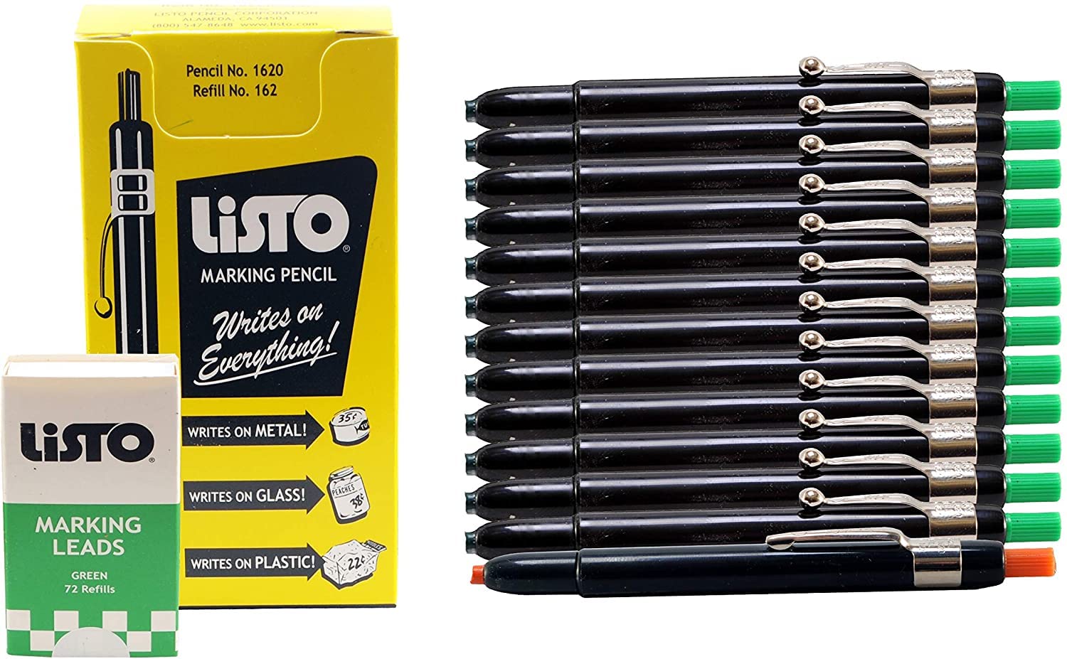 Listo 1620 & 162 Wax Marking Pencils Set - 12 Green China Markers with 72 Refill Leads & 1 Bonus Orange Pencil - Grease Pencils for Wood, Metal, Glass & Fabric Marking - Ideal for Construction, Crafts & DIY Projects