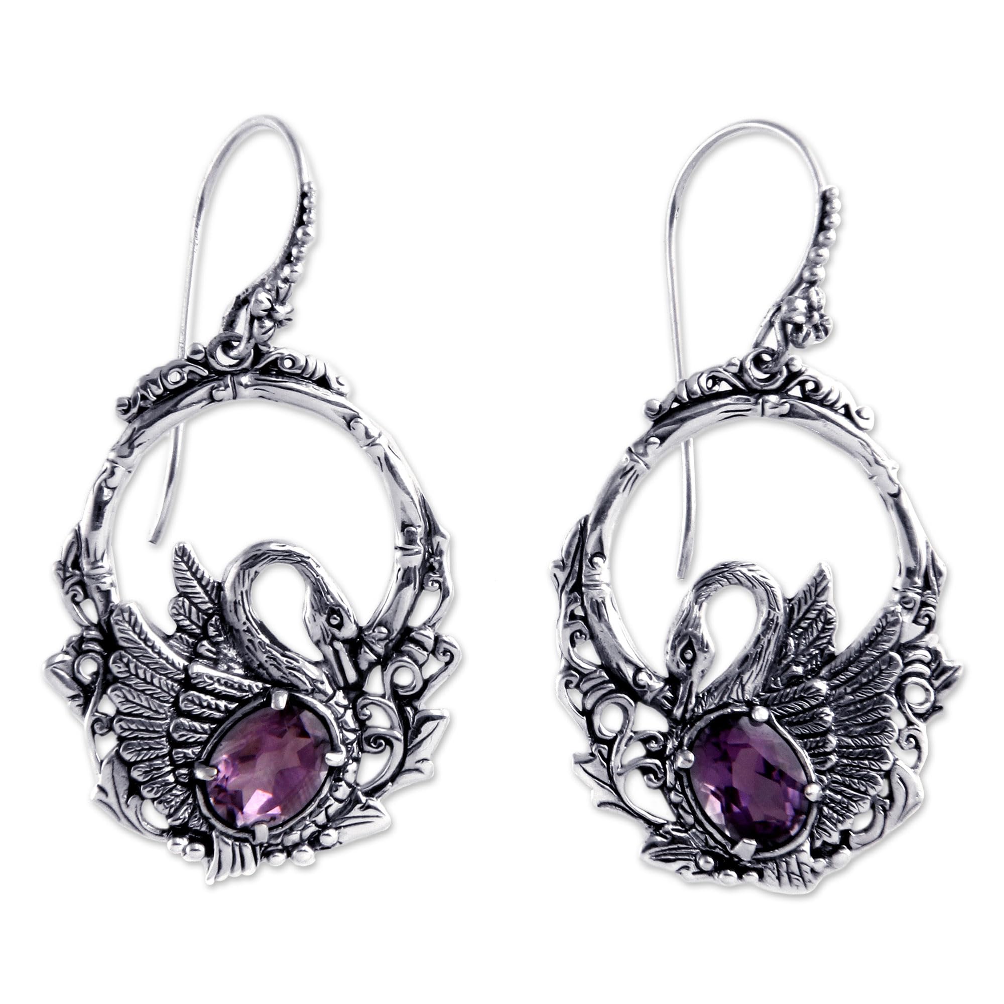 Handmade Amethyst Dangle Earrings in Sterling Silver - Purple Bird Design with Radiant Orchid Gemstone, Animal Themed Jewelry, Perfect Gift for Birthdays & Special Occasions (2