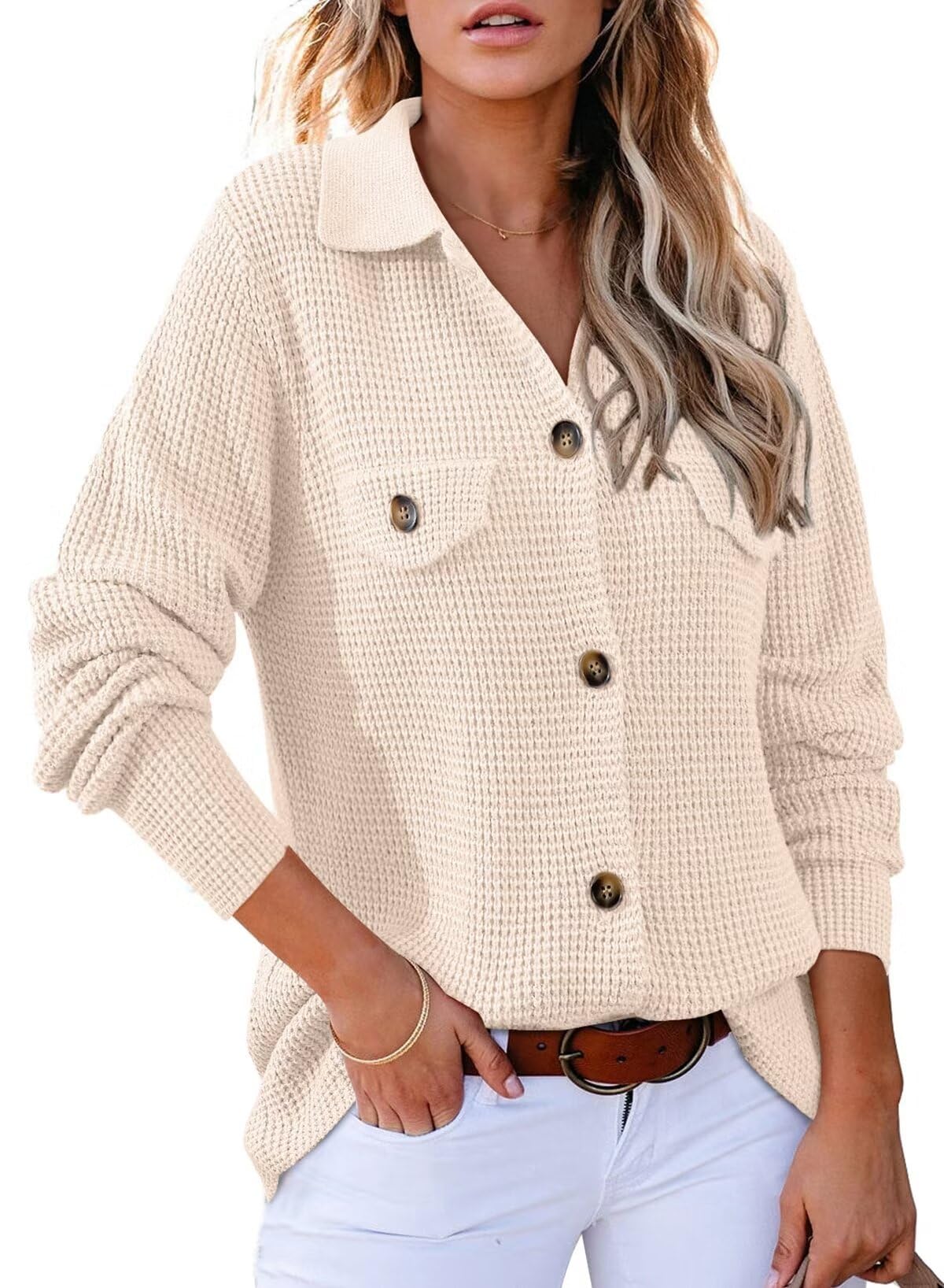Stylish Women's Waffle Knit Shacket Jacket - Long Sleeve Button Down Sweater Top for Casual & Dressy Outfits | Perfect for Fall Layering, Office Wear & Weekend Brunch