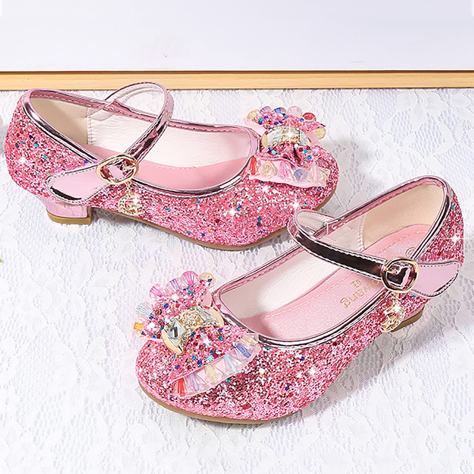 Sparkly Rhinestone Bow Ballet Flats for Girls - Princess Dance Shoes with Pearls & Crystals - Comfortable Kids Sandals for Ballet, Parties & Special Occasions (Pink, Size 5.5 Years)