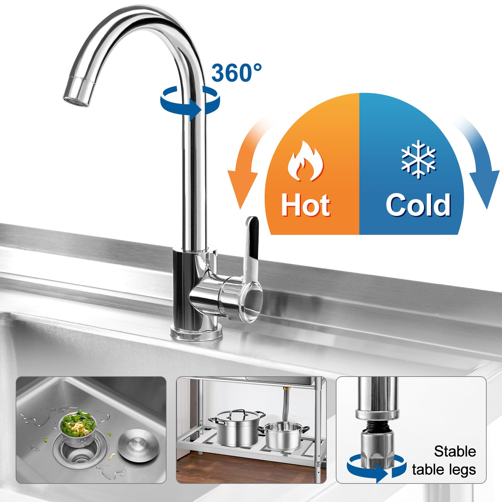 YORKING 47-inch Stainless Steel Utility Sink - Commercial Grade Single Bowl Kitchen Sink with Storage Drawer | Hot & Cold Water Pipes | Indoor & Outdoor Use for Restaurants, Food Trucks, Garages & Home Kitchens