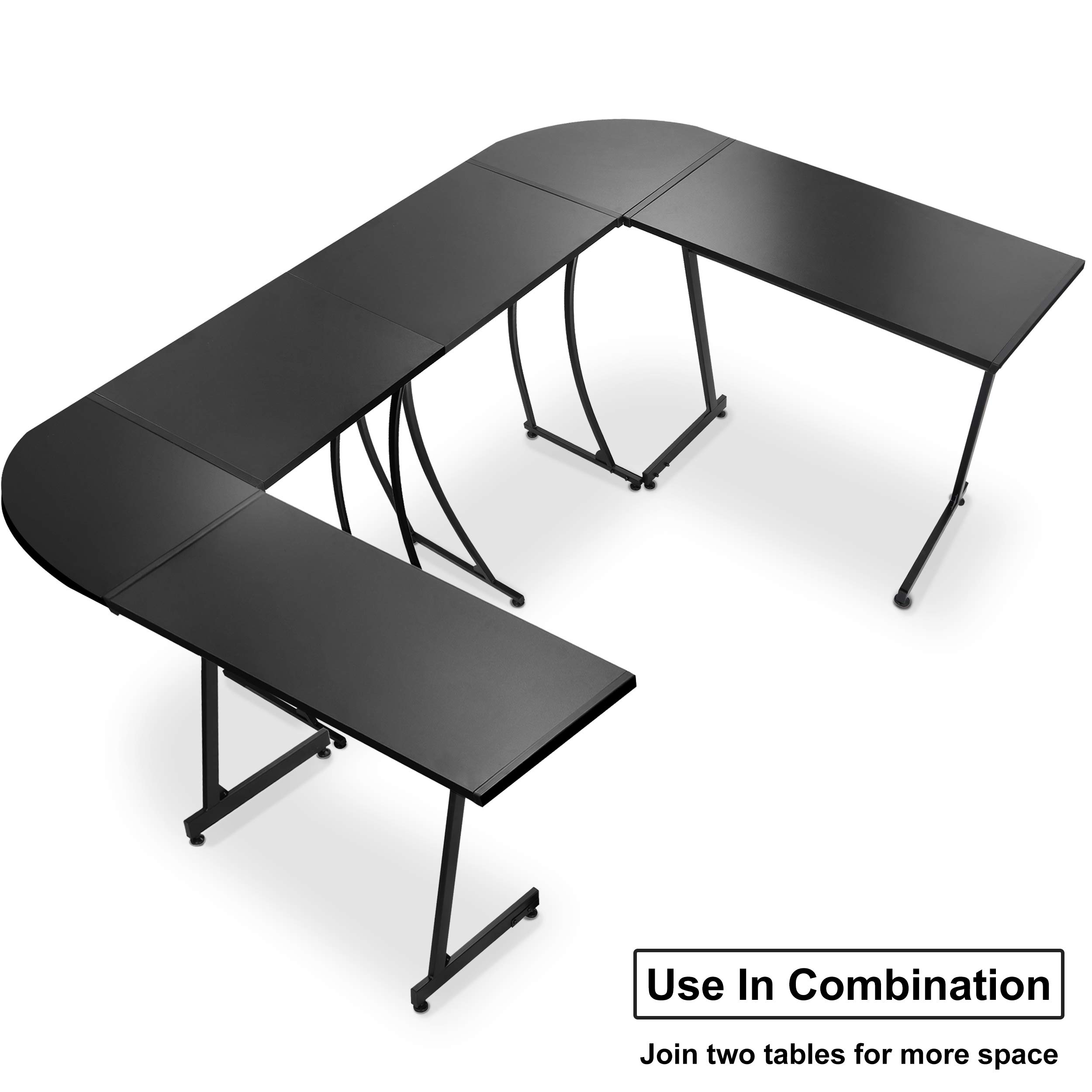 Modern L-Shaped Home Office Desk with Round Corner - Sturdy Steel Frame Computer Desk for Gaming, Writing & Workstation - Perfect for Small Spaces & Home Offices (Black)